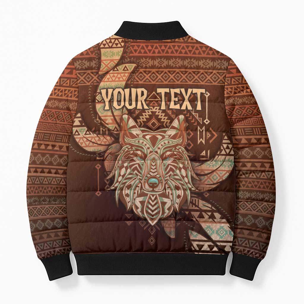 Personalized Wolf Native American Bomber Puffer Jacket Tribal Geometric Earth Tone