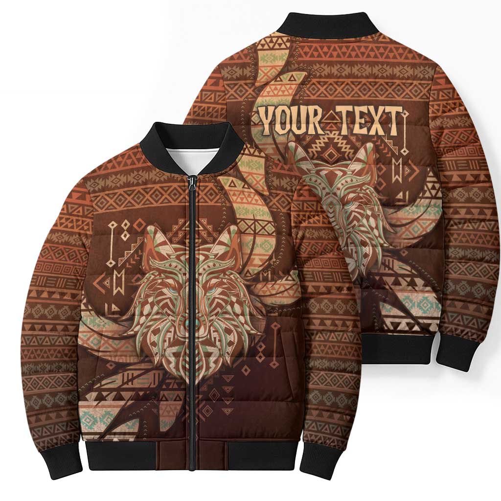 Personalized Wolf Native American Bomber Puffer Jacket Tribal Geometric Earth Tone