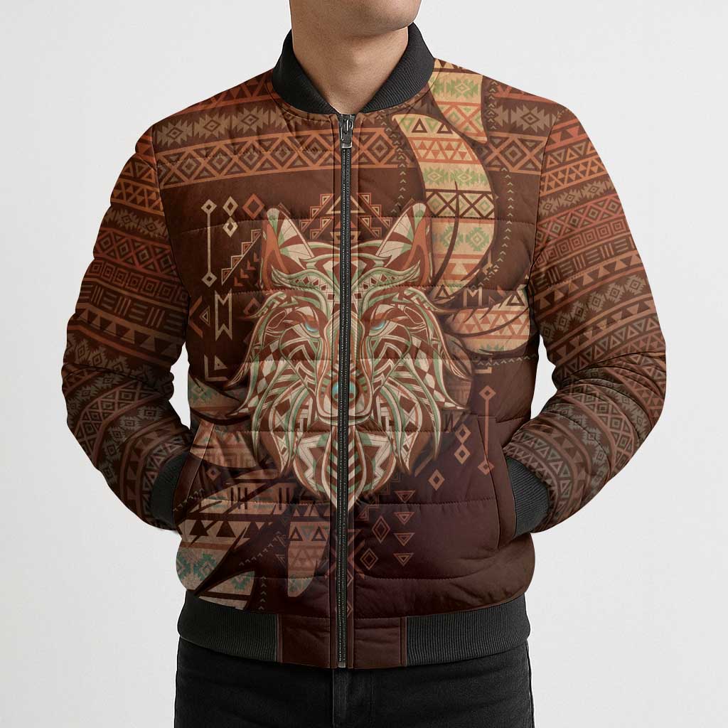 Personalized Wolf Native American Bomber Puffer Jacket Tribal Geometric Earth Tone