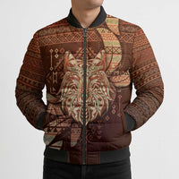 Personalized Wolf Native American Bomber Puffer Jacket Tribal Geometric Earth Tone