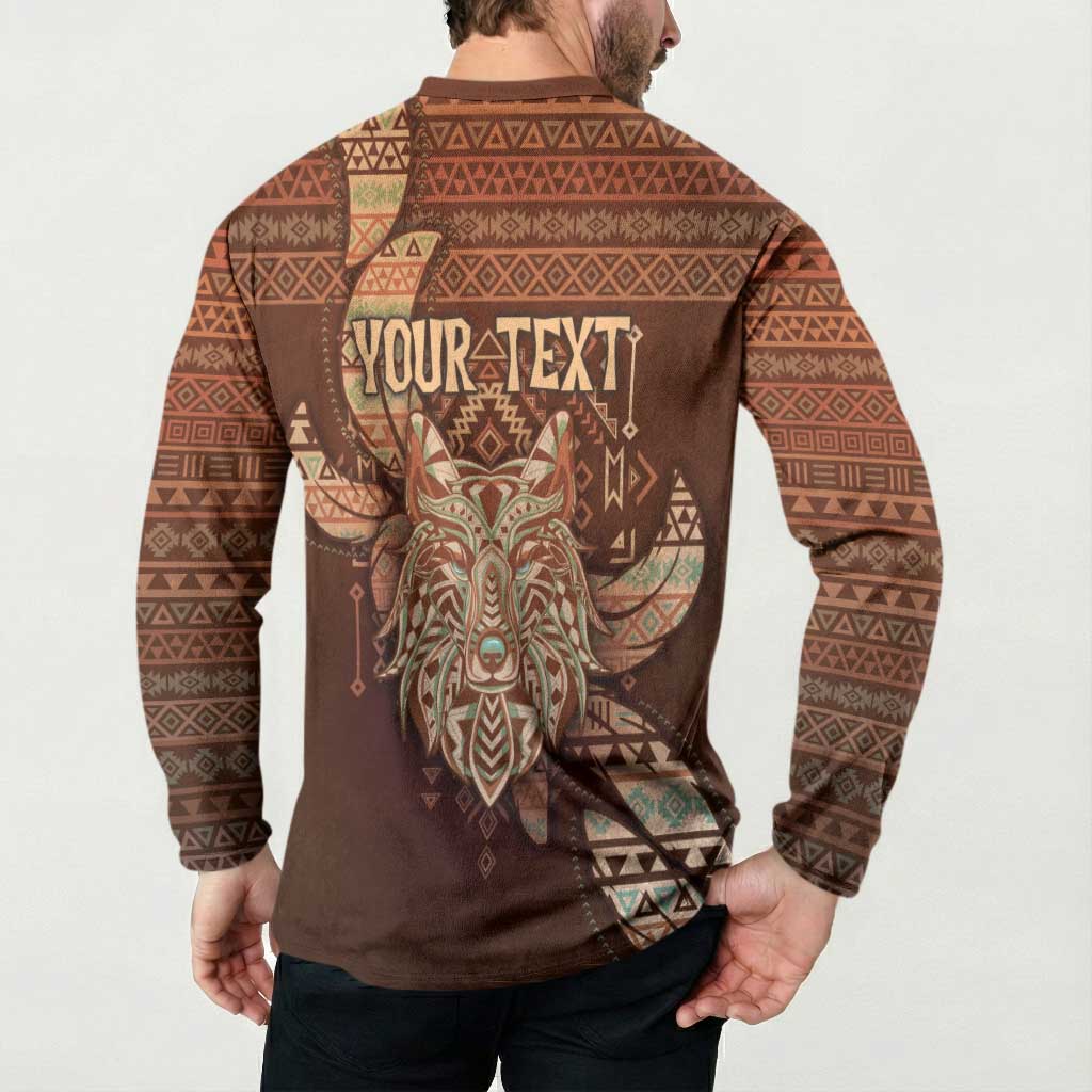 Personalized Wolf Native American Button Sweatshirt Tribal Geometric Earth Tone
