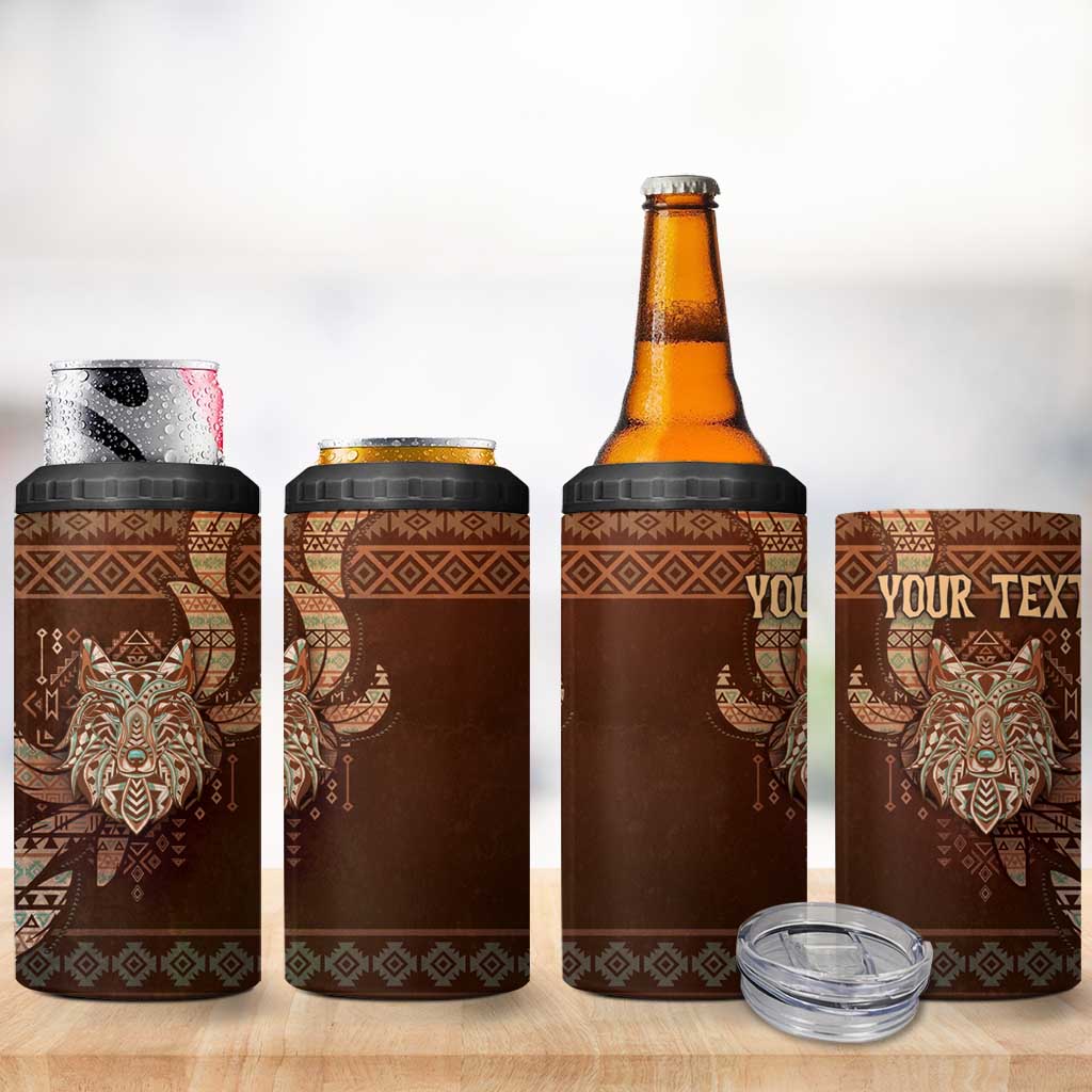 Personalized Wolf Native American 4 in 1 Can Cooler Tumbler Tribal Geometric Earth Tone