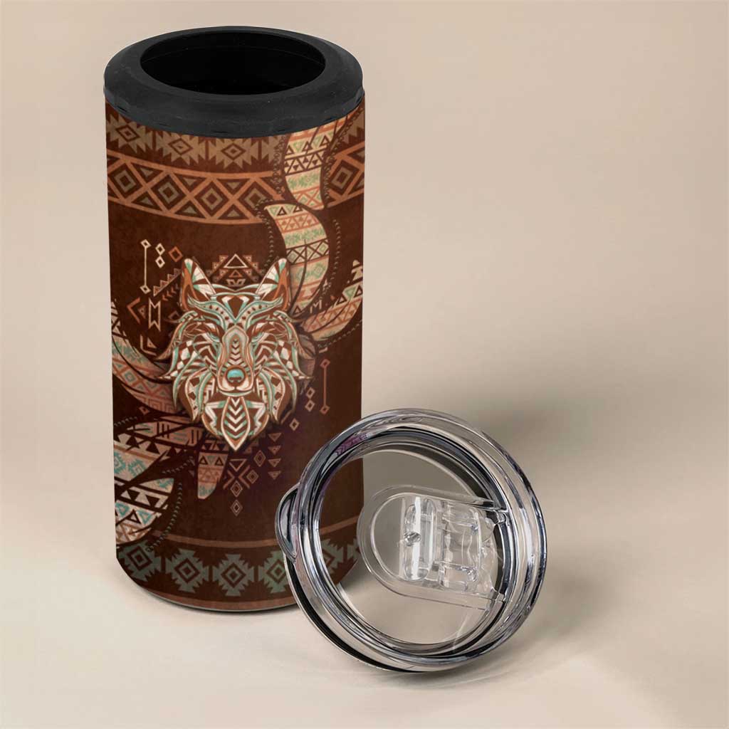 Personalized Wolf Native American 4 in 1 Can Cooler Tumbler Tribal Geometric Earth Tone