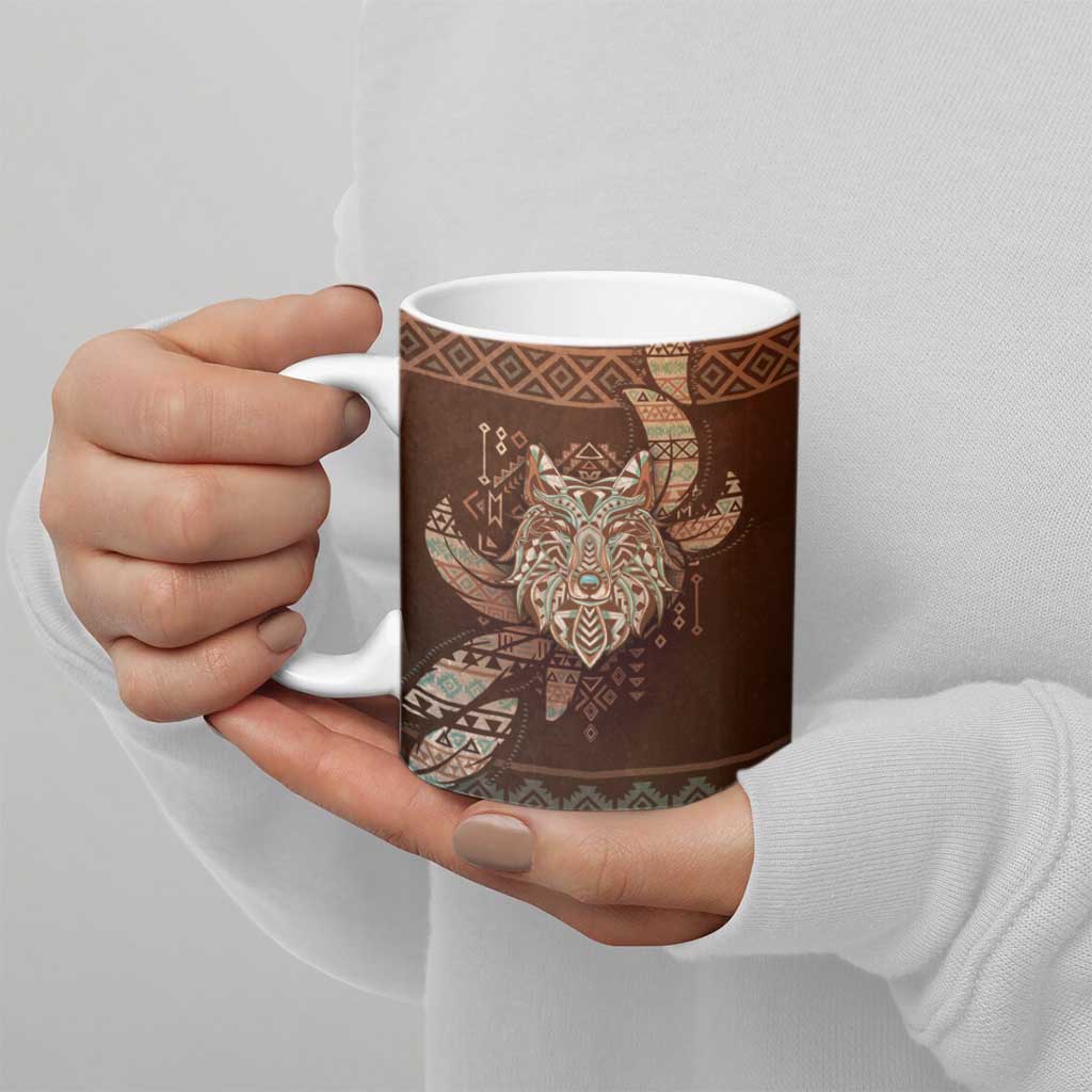 Personalized Wolf Native American Ceramic Mug Tribal Geometric Earth Tone