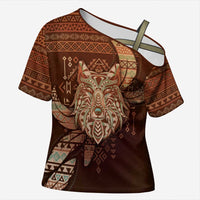 Personalized Wolf Native American Cross Shoulder Shirt Tribal Geometric Earth Tone