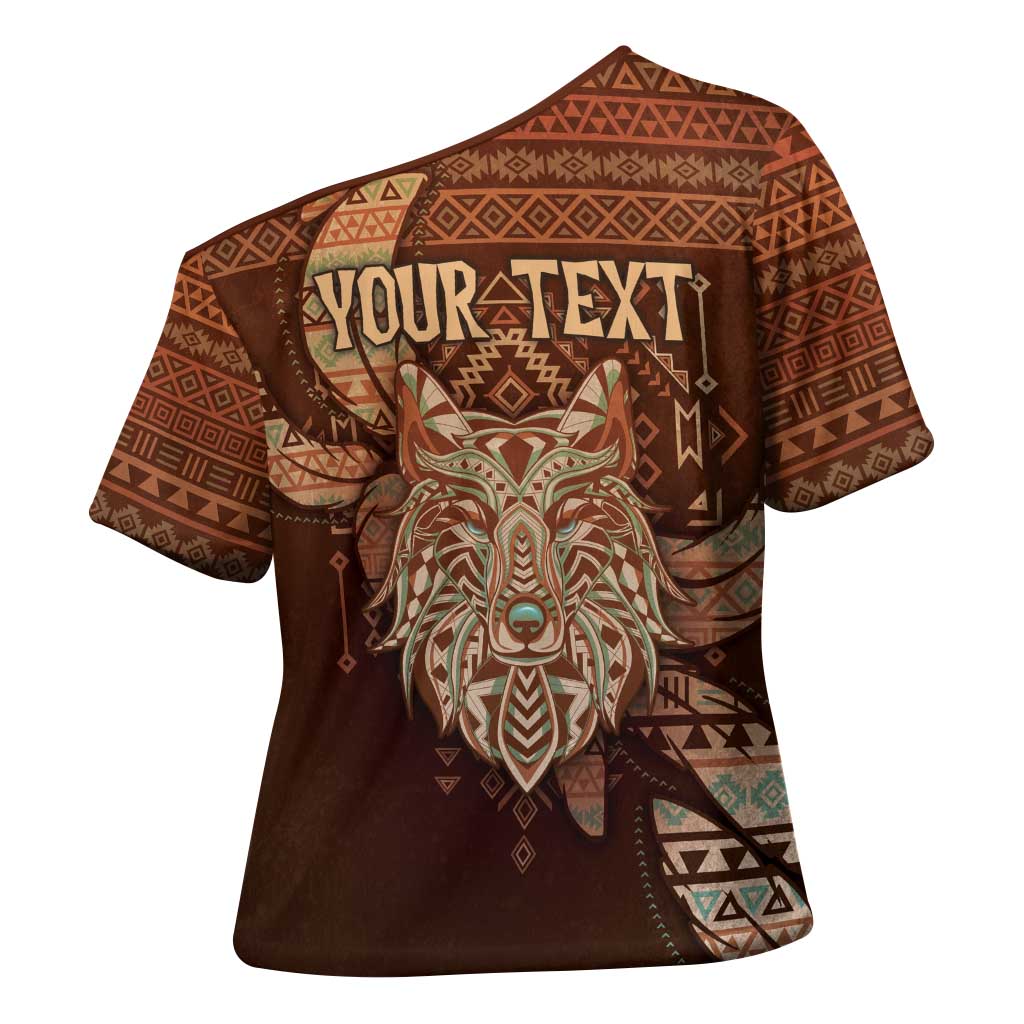 Personalized Wolf Native American Cross Shoulder Shirt Tribal Geometric Earth Tone