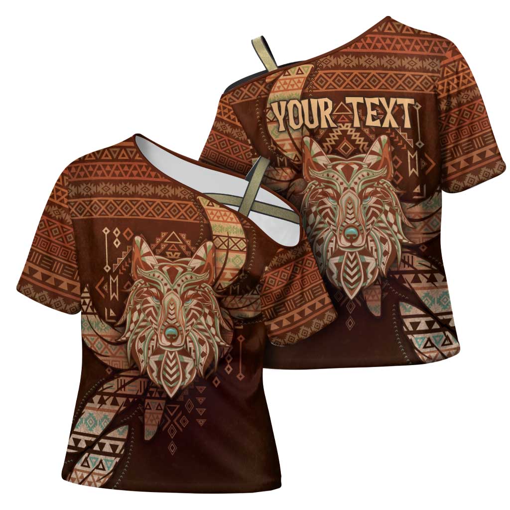 Personalized Wolf Native American Cross Shoulder Shirt Tribal Geometric Earth Tone