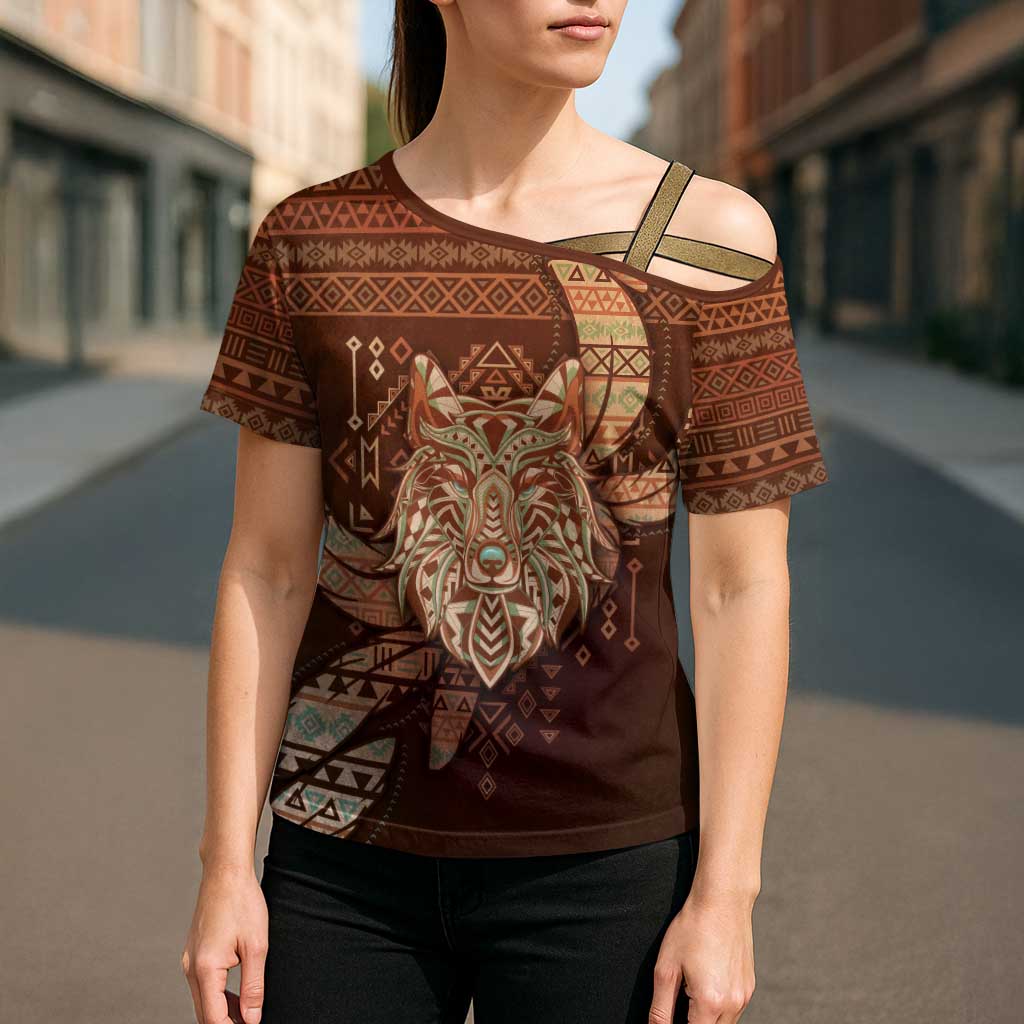 Personalized Wolf Native American Cross Shoulder Shirt Tribal Geometric Earth Tone