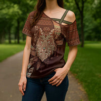 Personalized Wolf Native American Cross Shoulder Shirt Tribal Geometric Earth Tone