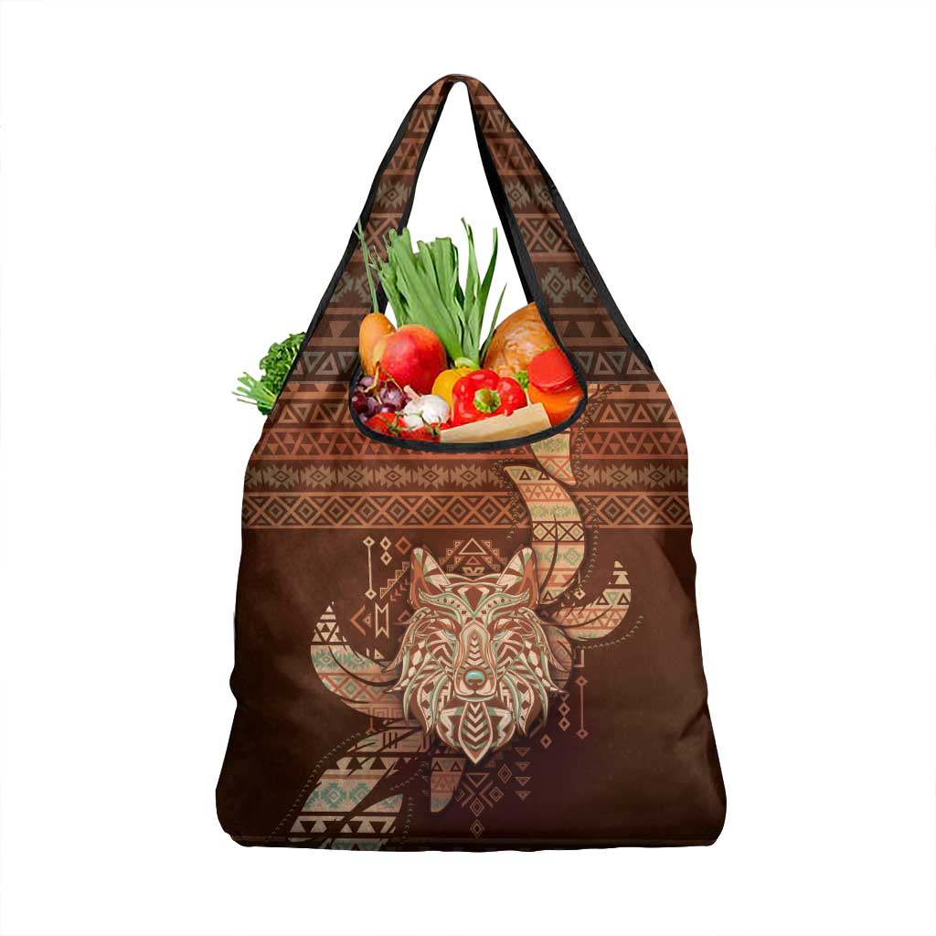 Wolf Native American Grocery Bag Tribal Geometric Earth Tone