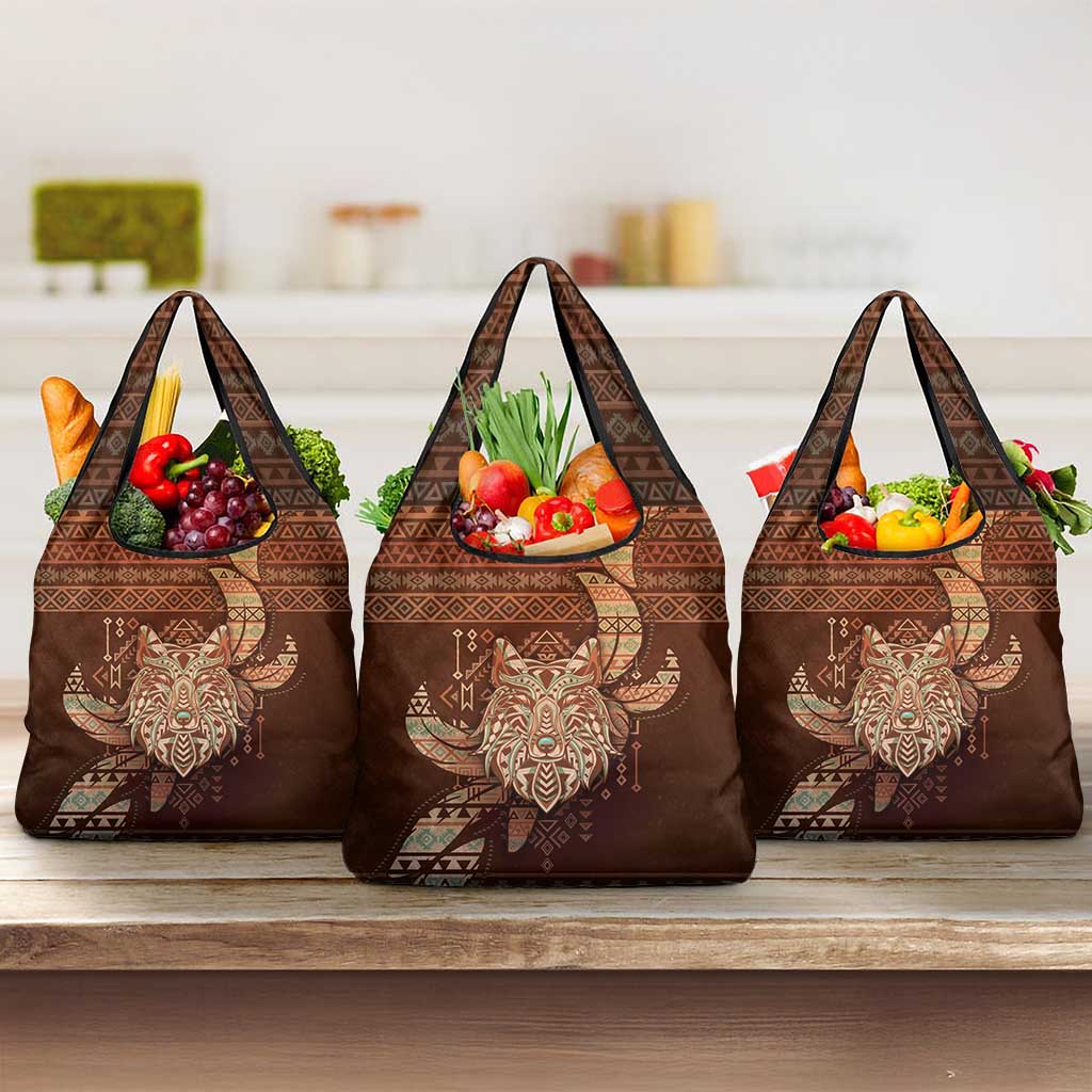 Wolf Native American Grocery Bag Tribal Geometric Earth Tone