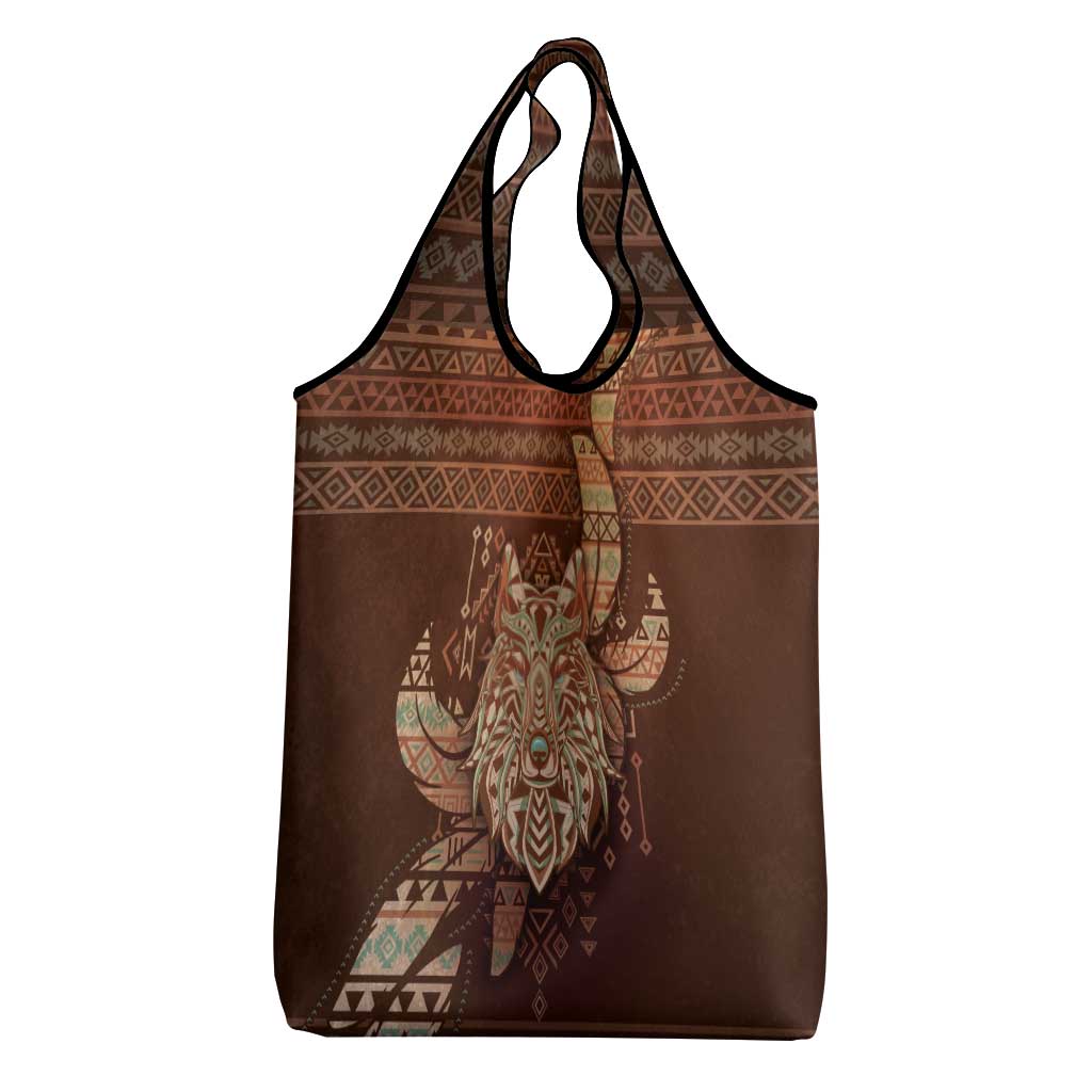 Wolf Native American Grocery Bag Tribal Geometric Earth Tone