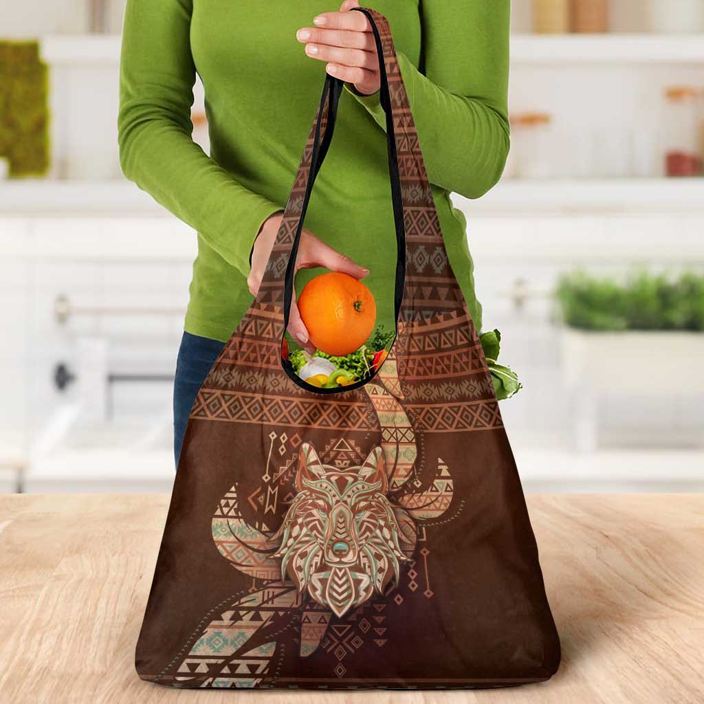 Wolf Native American Grocery Bag Tribal Geometric Earth Tone