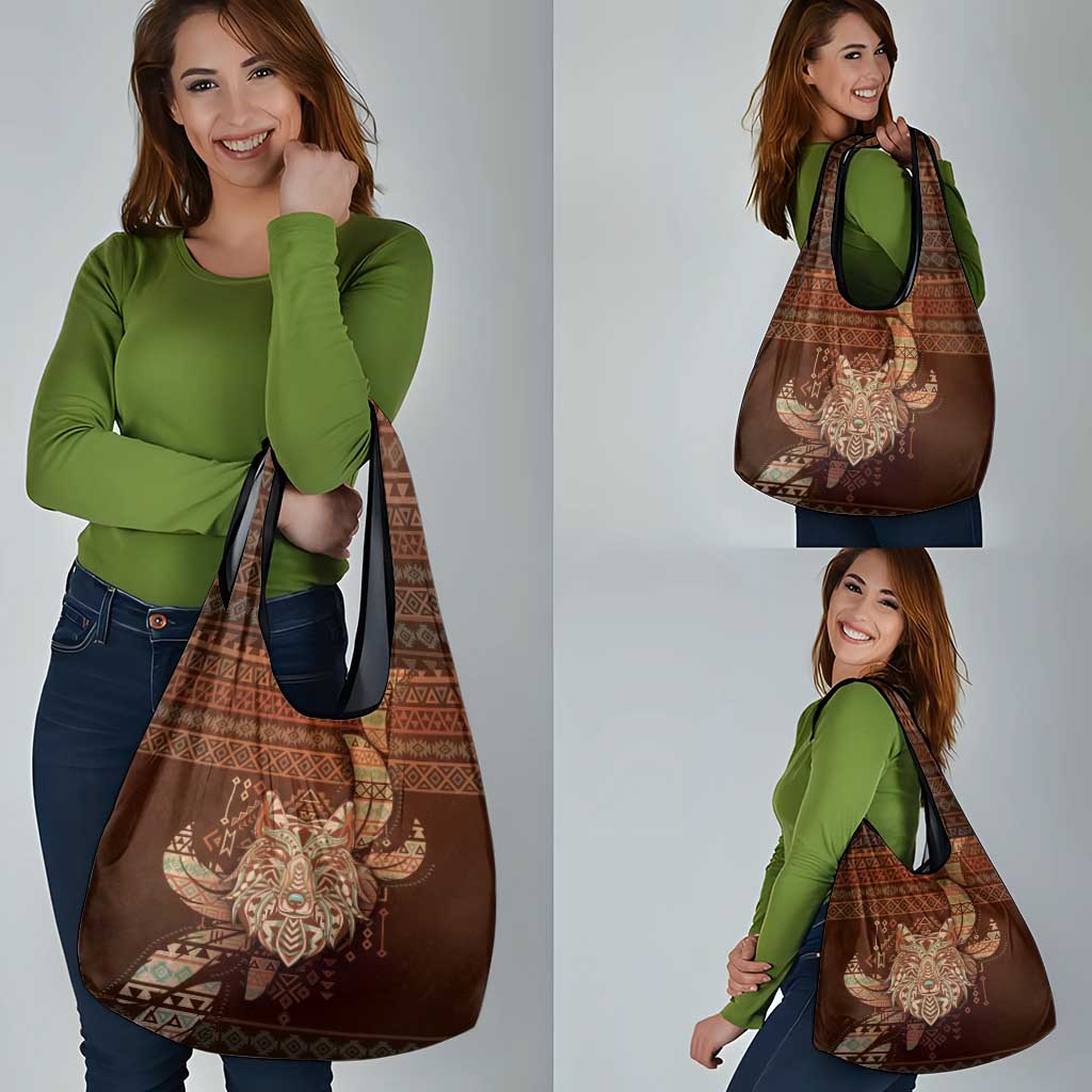 Wolf Native American Grocery Bag Tribal Geometric Earth Tone