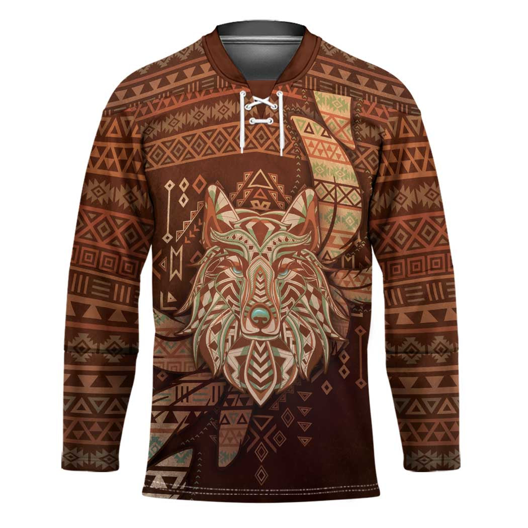 Personalized Wolf Native American Hockey Jersey Tribal Geometric Earth Tone