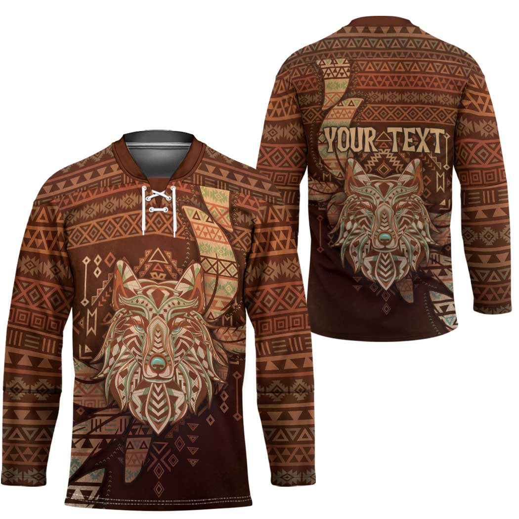 Personalized Wolf Native American Hockey Jersey Tribal Geometric Earth Tone