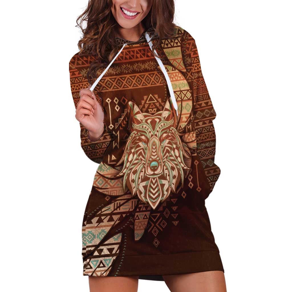 Personalized Wolf Native American Hoodie Dress Tribal Geometric Earth Tone