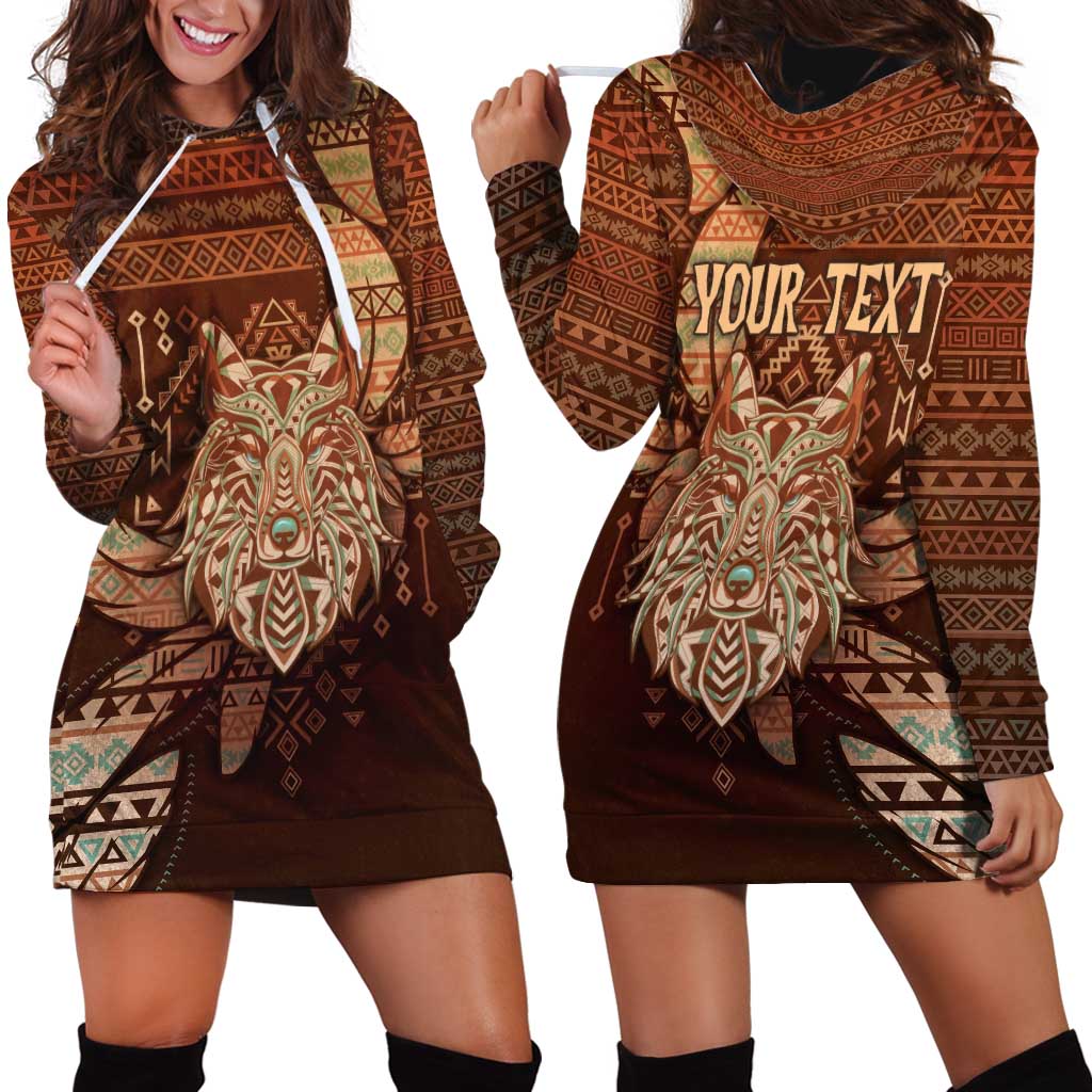 Personalized Wolf Native American Hoodie Dress Tribal Geometric Earth Tone