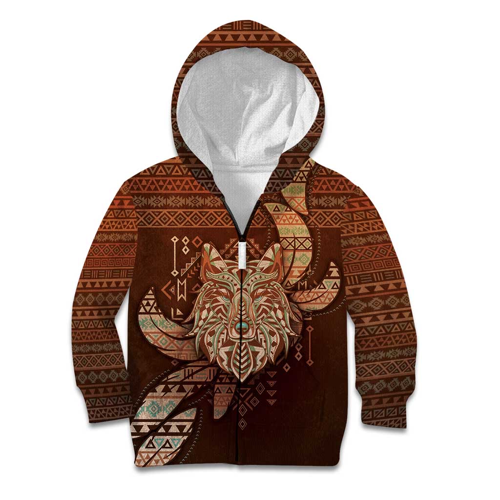 Personalized Wolf Native American Kid Hoodie Tribal Geometric Earth Tone