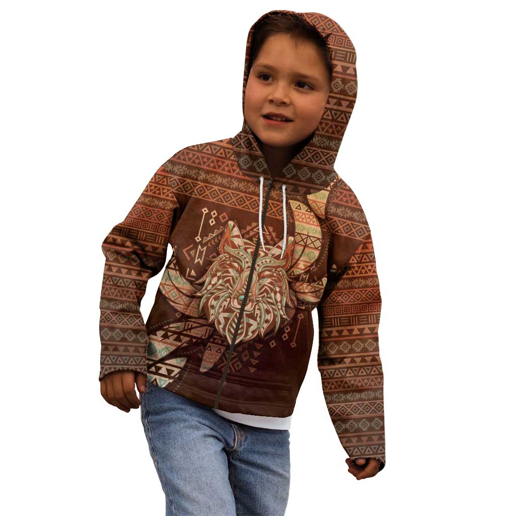 Personalized Wolf Native American Kid Hoodie Tribal Geometric Earth Tone