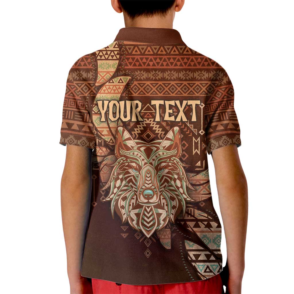 Personalized Wolf Native American Kid Polo Shirt Tribal Geometric Earth Tone
