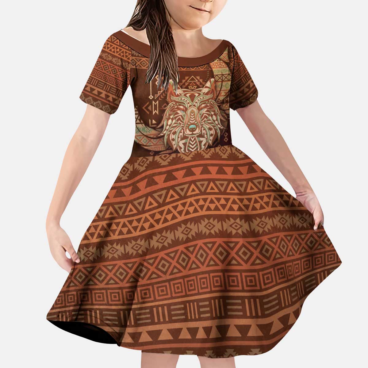 Personalized Wolf Native American Kid Short Sleeve Dress Tribal Geometric Earth Tone