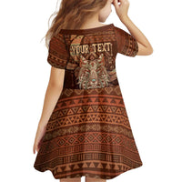 Personalized Wolf Native American Kid Short Sleeve Dress Tribal Geometric Earth Tone