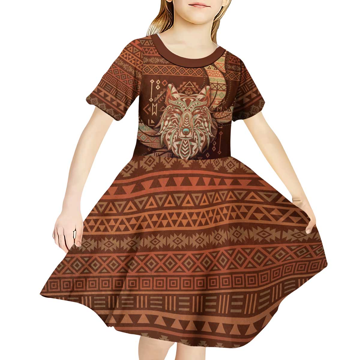 Personalized Wolf Native American Kid Short Sleeve Dress Tribal Geometric Earth Tone