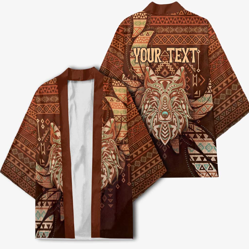 Personalized Wolf Native American Kimono Tribal Geometric Earth Tone