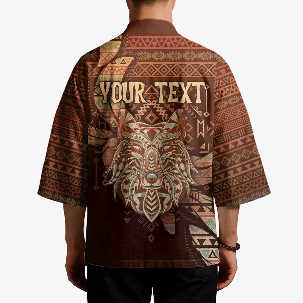 Personalized Wolf Native American Kimono Tribal Geometric Earth Tone