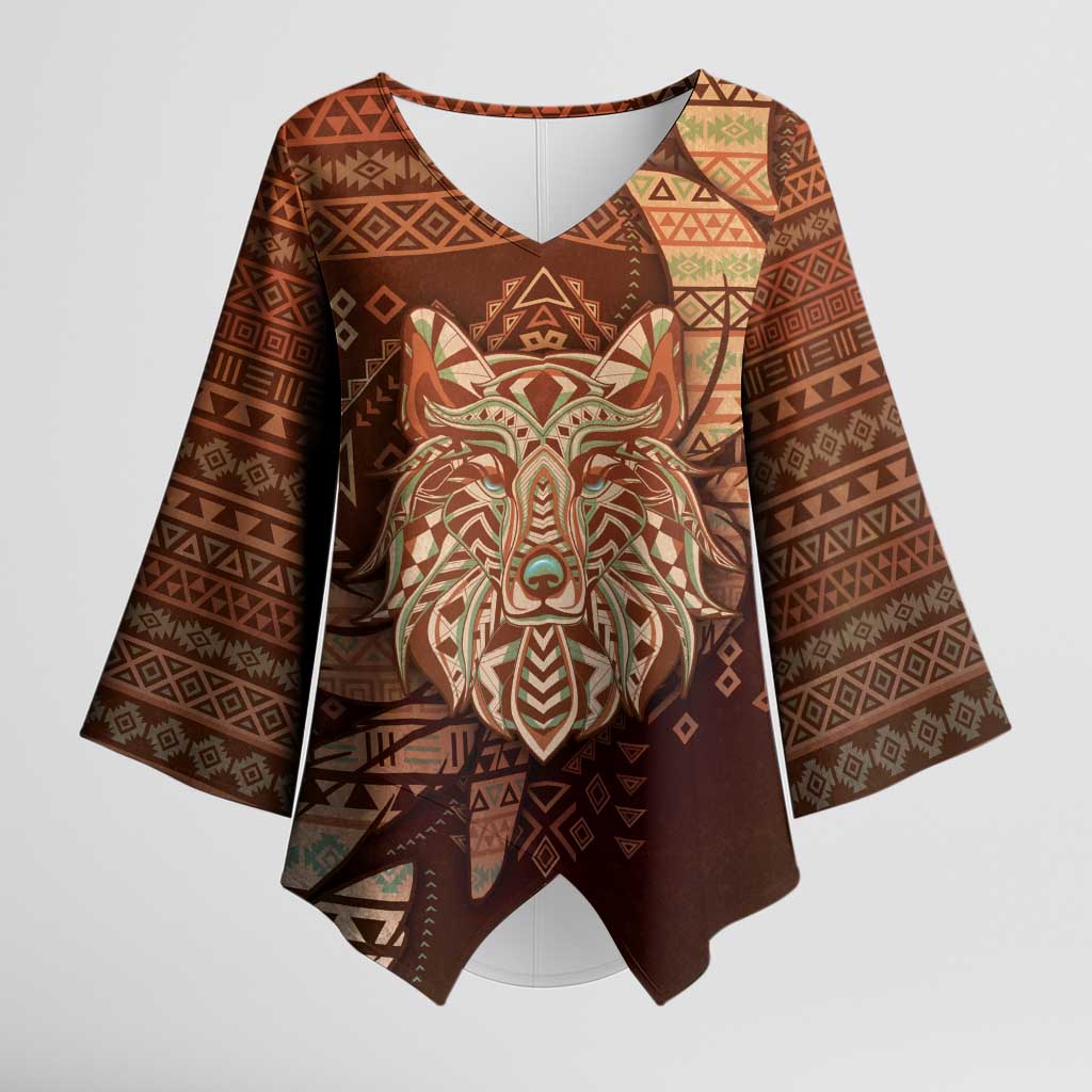 Personalized Wolf Native American Kimono Sleeve Blouse Tribal Geometric Earth Tone