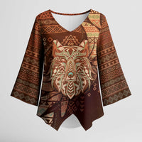 Personalized Wolf Native American Kimono Sleeve Blouse Tribal Geometric Earth Tone