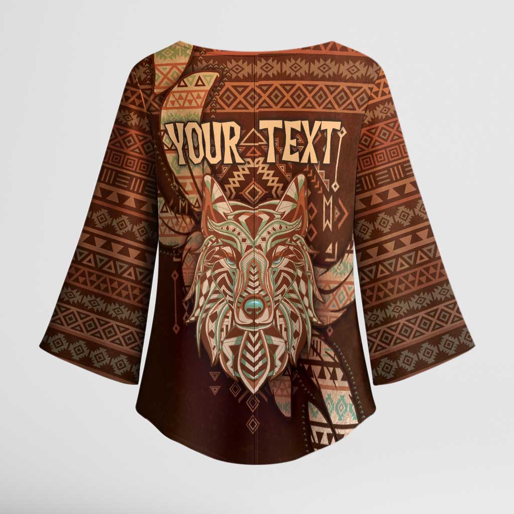 Personalized Wolf Native American Kimono Sleeve Blouse Tribal Geometric Earth Tone