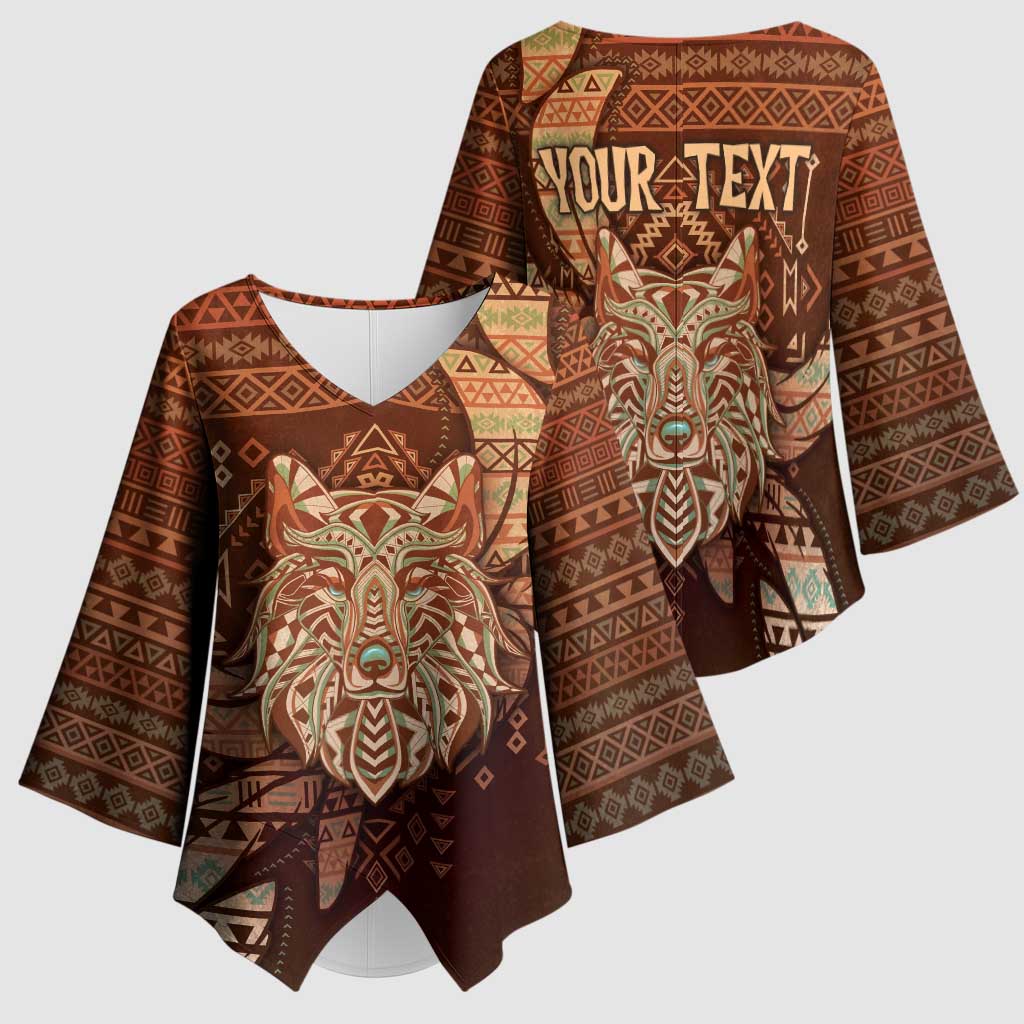 Personalized Wolf Native American Kimono Sleeve Blouse Tribal Geometric Earth Tone
