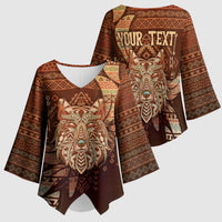 Personalized Wolf Native American Kimono Sleeve Blouse Tribal Geometric Earth Tone