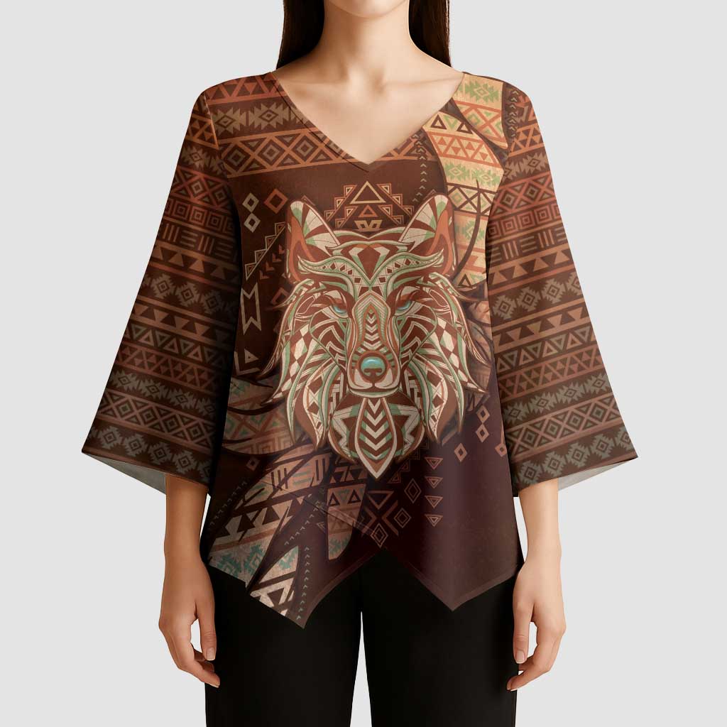 Personalized Wolf Native American Kimono Sleeve Blouse Tribal Geometric Earth Tone