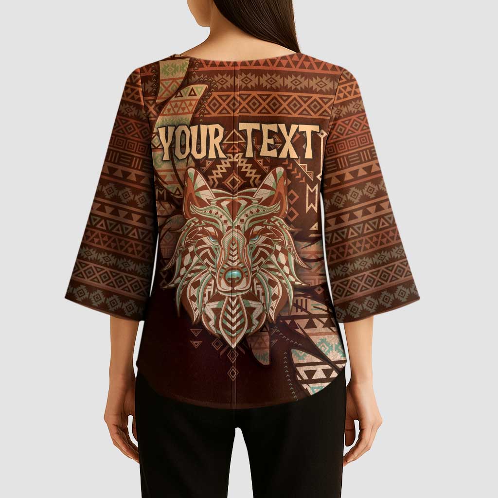 Personalized Wolf Native American Kimono Sleeve Blouse Tribal Geometric Earth Tone