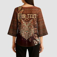 Personalized Wolf Native American Kimono Sleeve Blouse Tribal Geometric Earth Tone