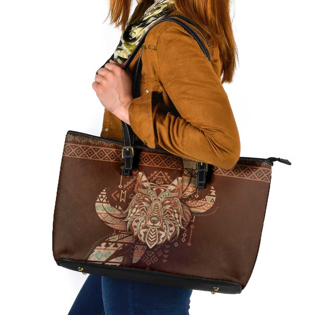 Wolf Native American Leather Tote Bag Tribal Geometric Earth Tone