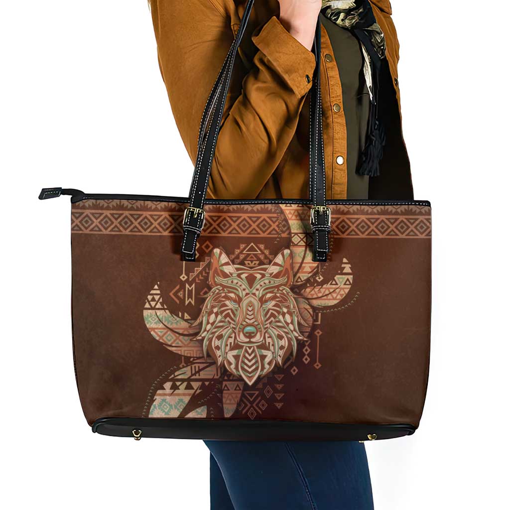 Wolf Native American Leather Tote Bag Tribal Geometric Earth Tone