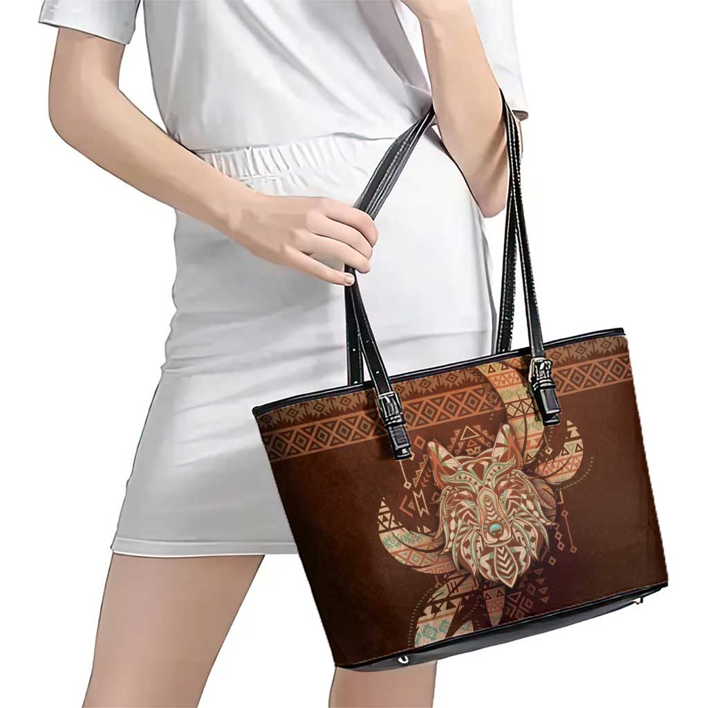 Wolf Native American Leather Tote Bag Tribal Geometric Earth Tone