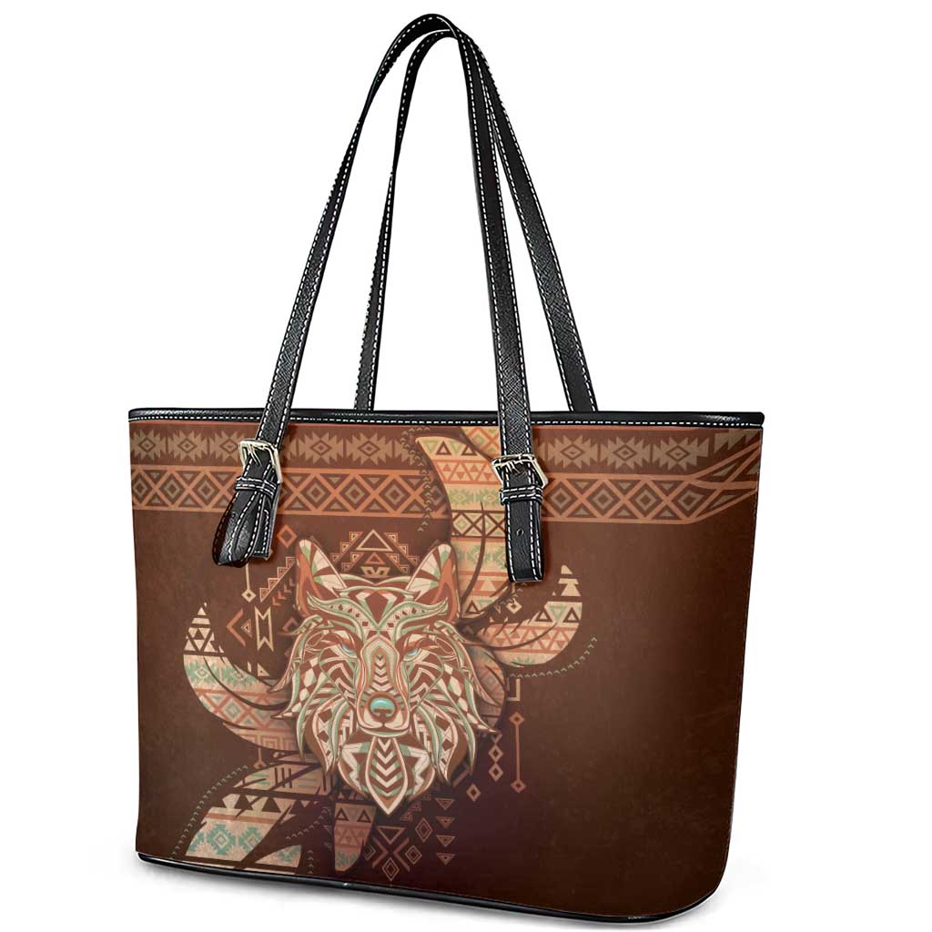 Wolf Native American Leather Tote Bag Tribal Geometric Earth Tone