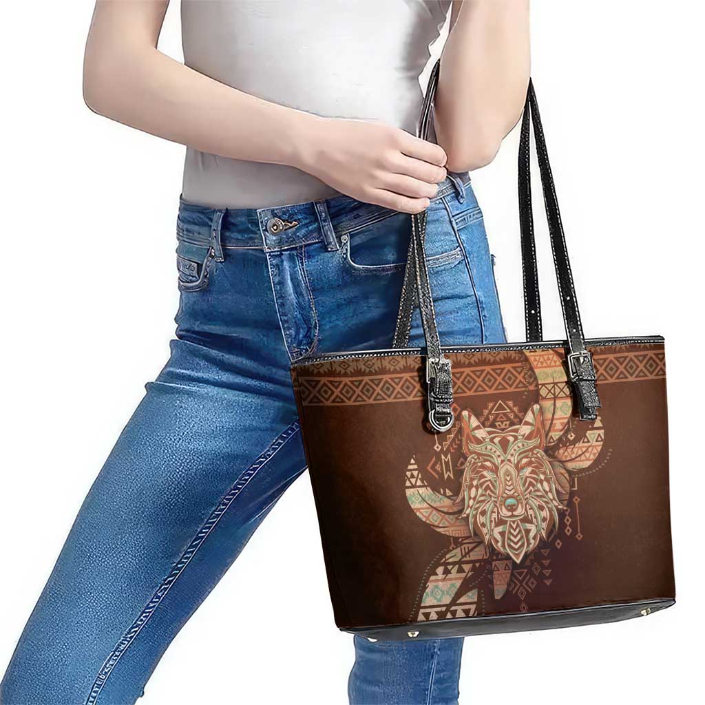 Wolf Native American Leather Tote Bag Tribal Geometric Earth Tone