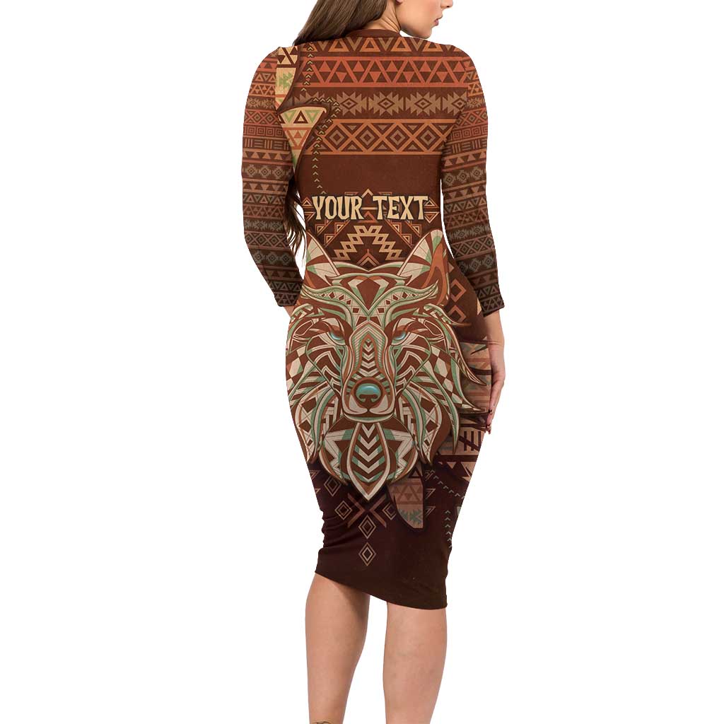 Personalized Wolf Native American Long Sleeve Bodycon Dress Tribal Geometric Earth Tone