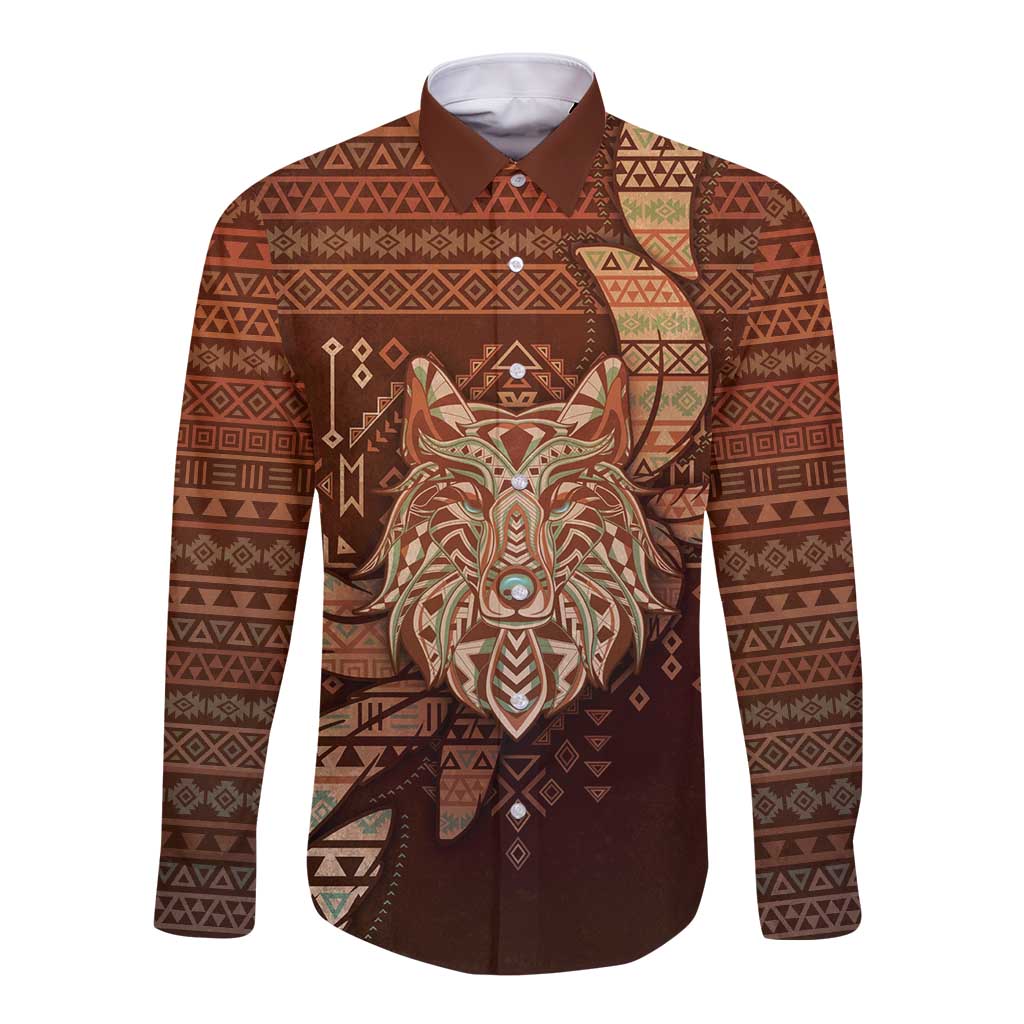 Personalized Wolf Native American Long Sleeve Button Shirt Tribal Geometric Earth Tone