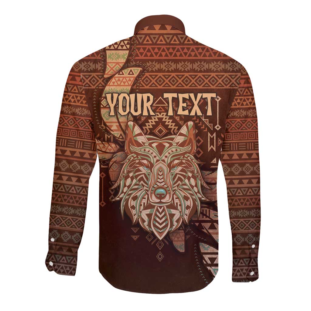 Personalized Wolf Native American Long Sleeve Button Shirt Tribal Geometric Earth Tone