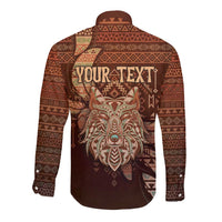 Personalized Wolf Native American Long Sleeve Button Shirt Tribal Geometric Earth Tone