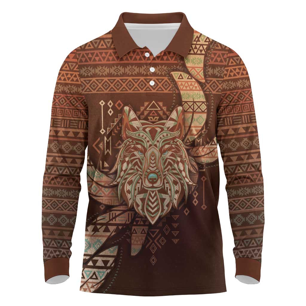 Personalized Wolf Native American Long Sleeve Polo Shirt Tribal Geometric Earth Tone