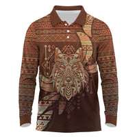 Personalized Wolf Native American Long Sleeve Polo Shirt Tribal Geometric Earth Tone