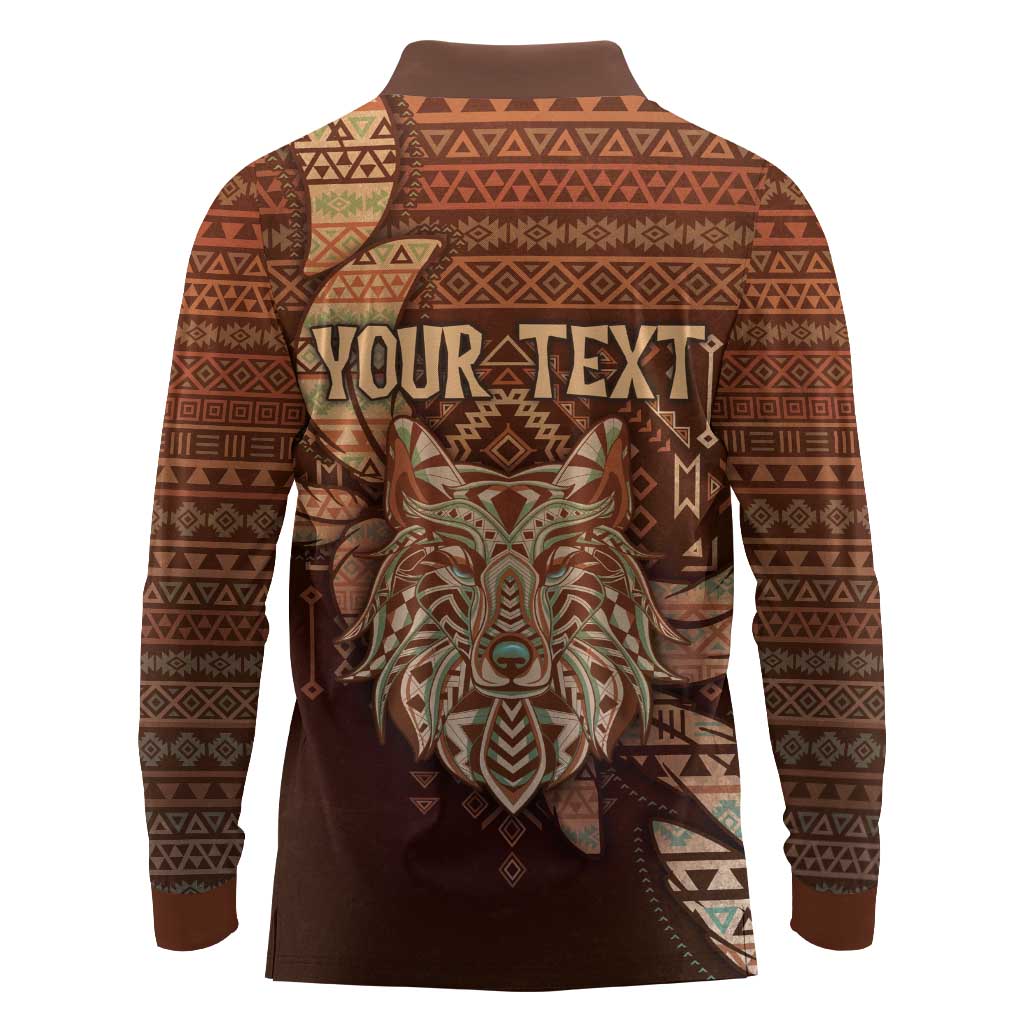 Personalized Wolf Native American Long Sleeve Polo Shirt Tribal Geometric Earth Tone